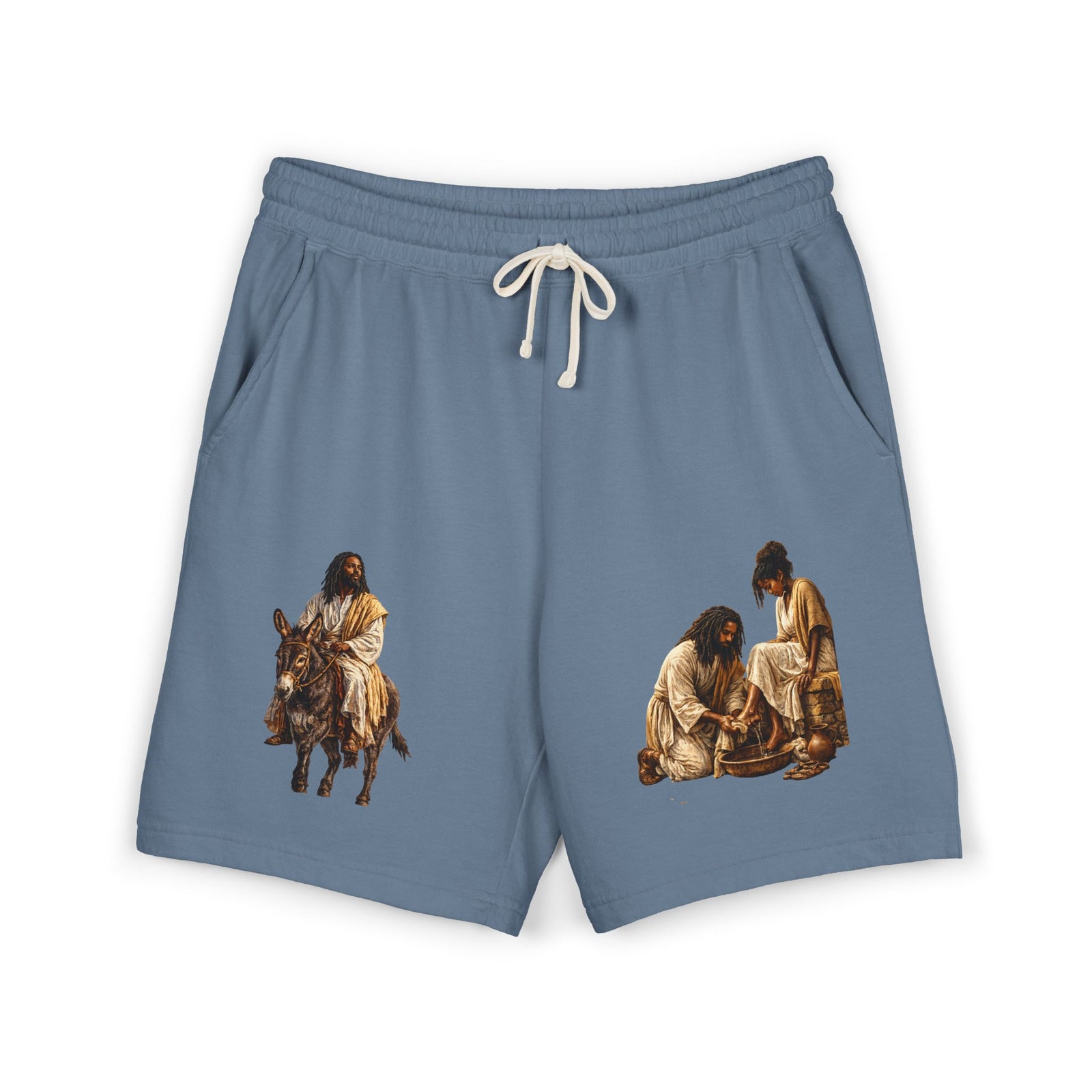 Biblical Nativity Art Sweat Shorts — Jesus on Donkey & Resting Shepherds Fleece Shorts