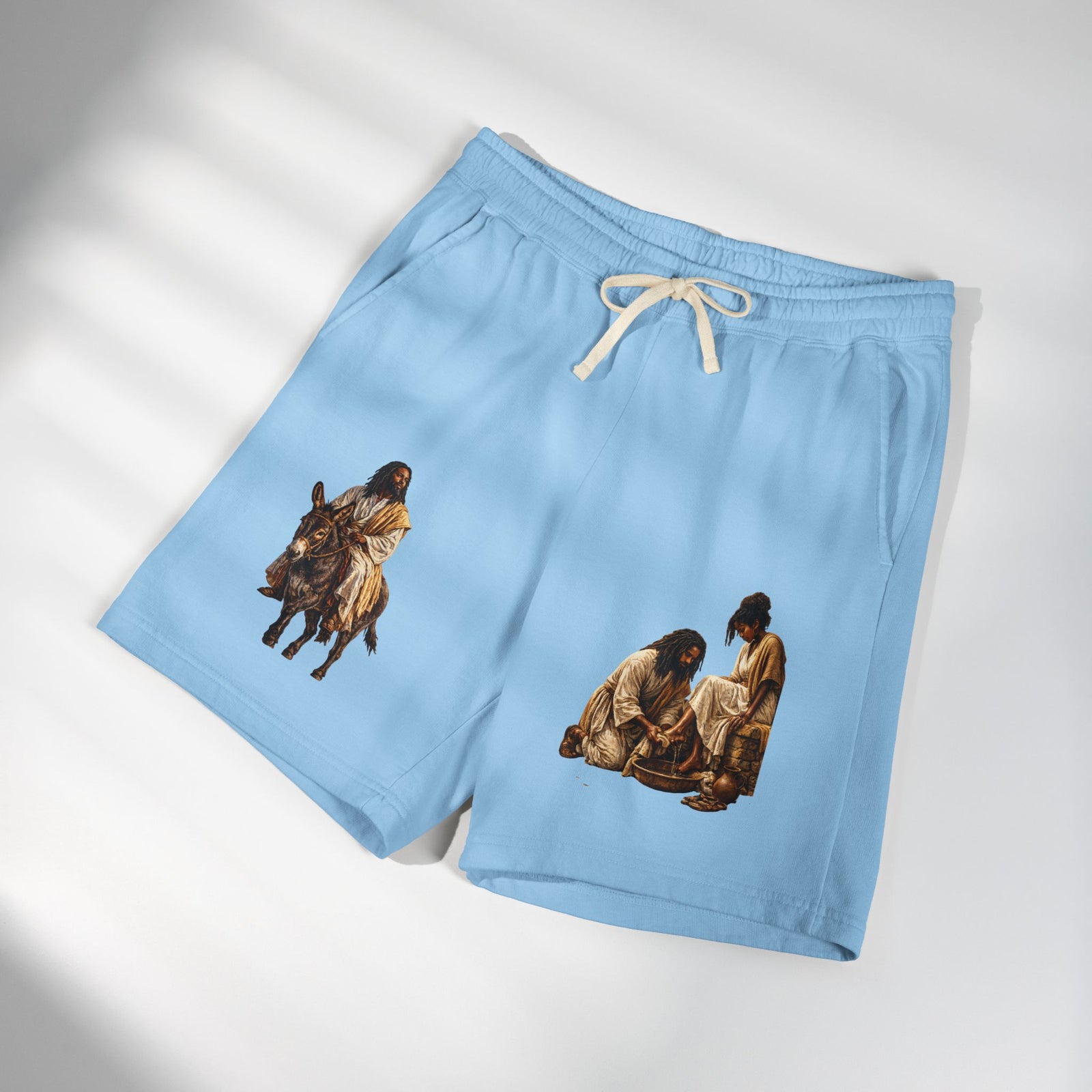 Biblical Nativity Art Sweat Shorts — Jesus on Donkey & Resting Shepherds Fleece Shorts