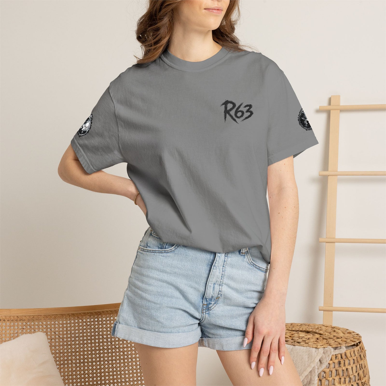 R63 Minimal Logo T-Shirt — Streetwear Graphic Tee with Sleeve Emblem