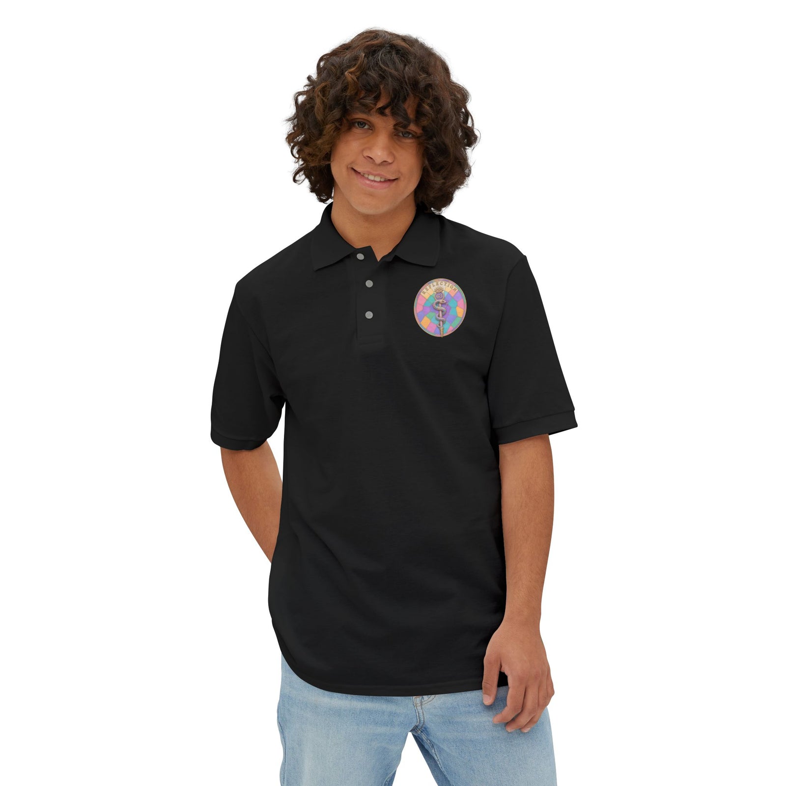 Men's Polo — Retro Sacred Mother & Child Emblem