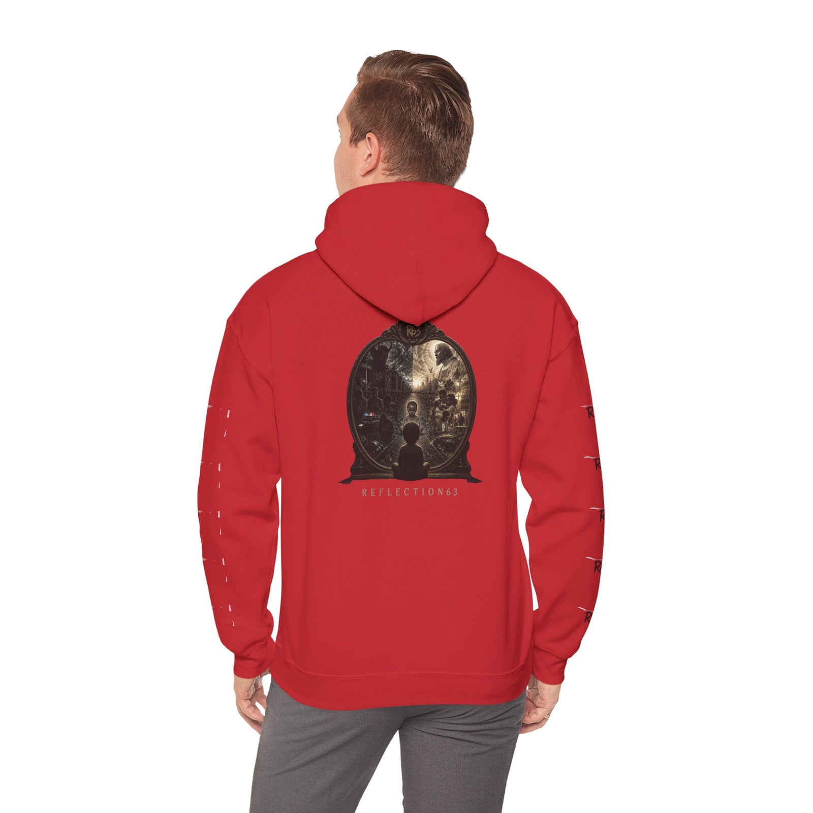 R63 Graphic Hoodie — Reflective Souls Back Print, Sleeve Logo Streetwear