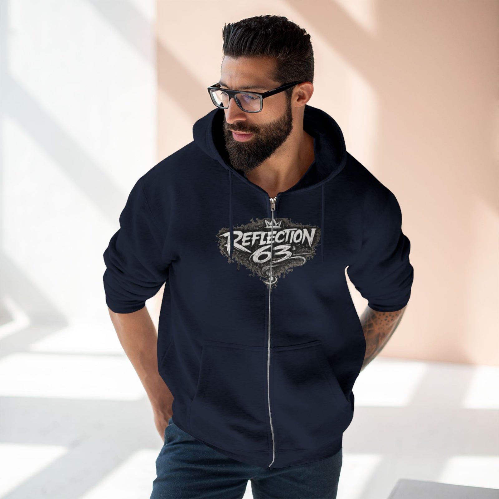 Reflection 63 Zip Hoodie — Vintage Crest Graphic Zip-Up Hoodie