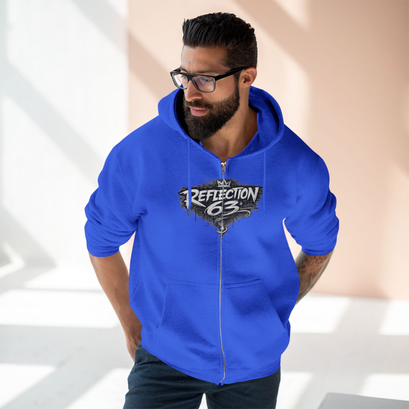Reflection 63 Zip Hoodie — Vintage Crest Graphic Zip-Up Hoodie