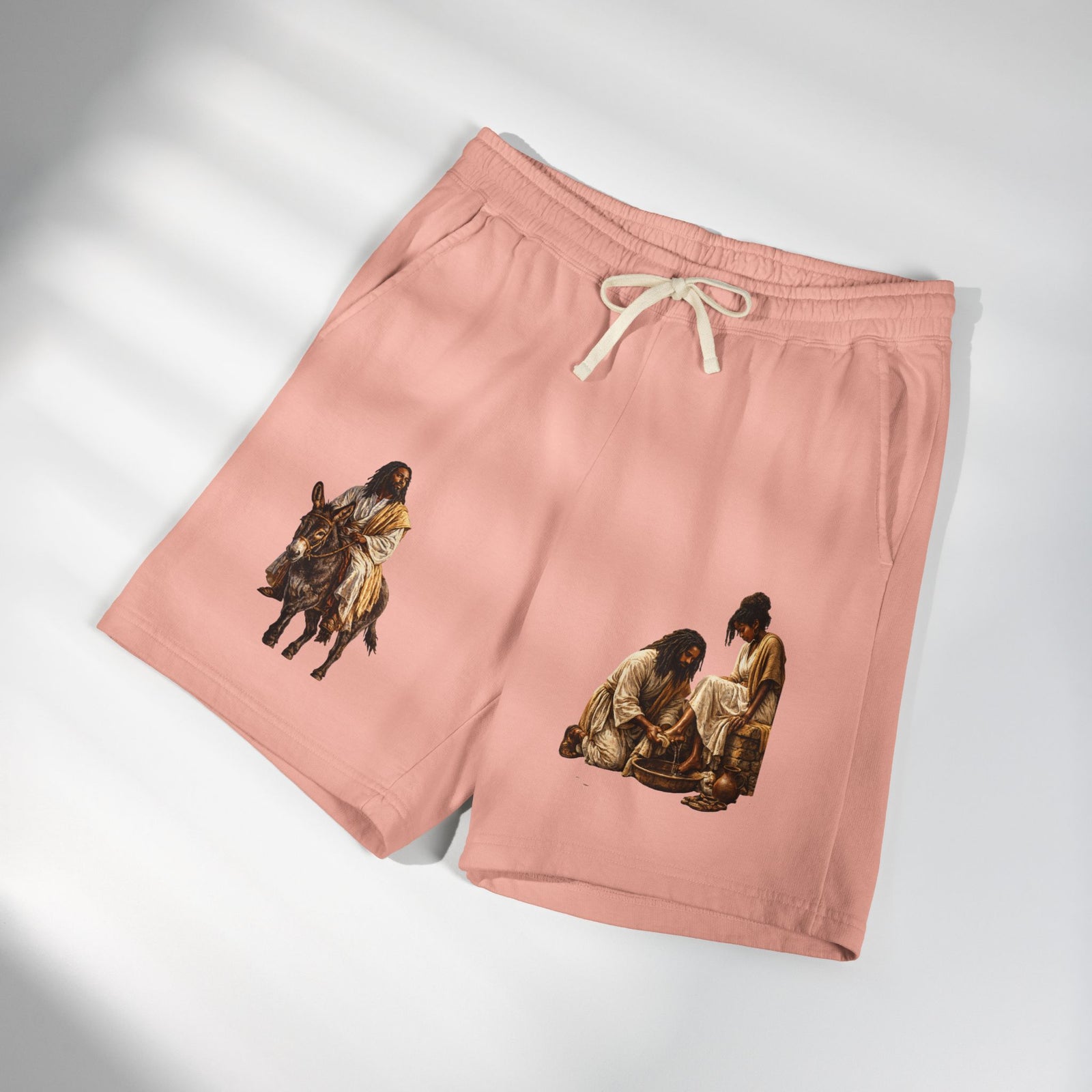 Biblical Nativity Art Sweat Shorts — Jesus on Donkey & Resting Shepherds Fleece Shorts