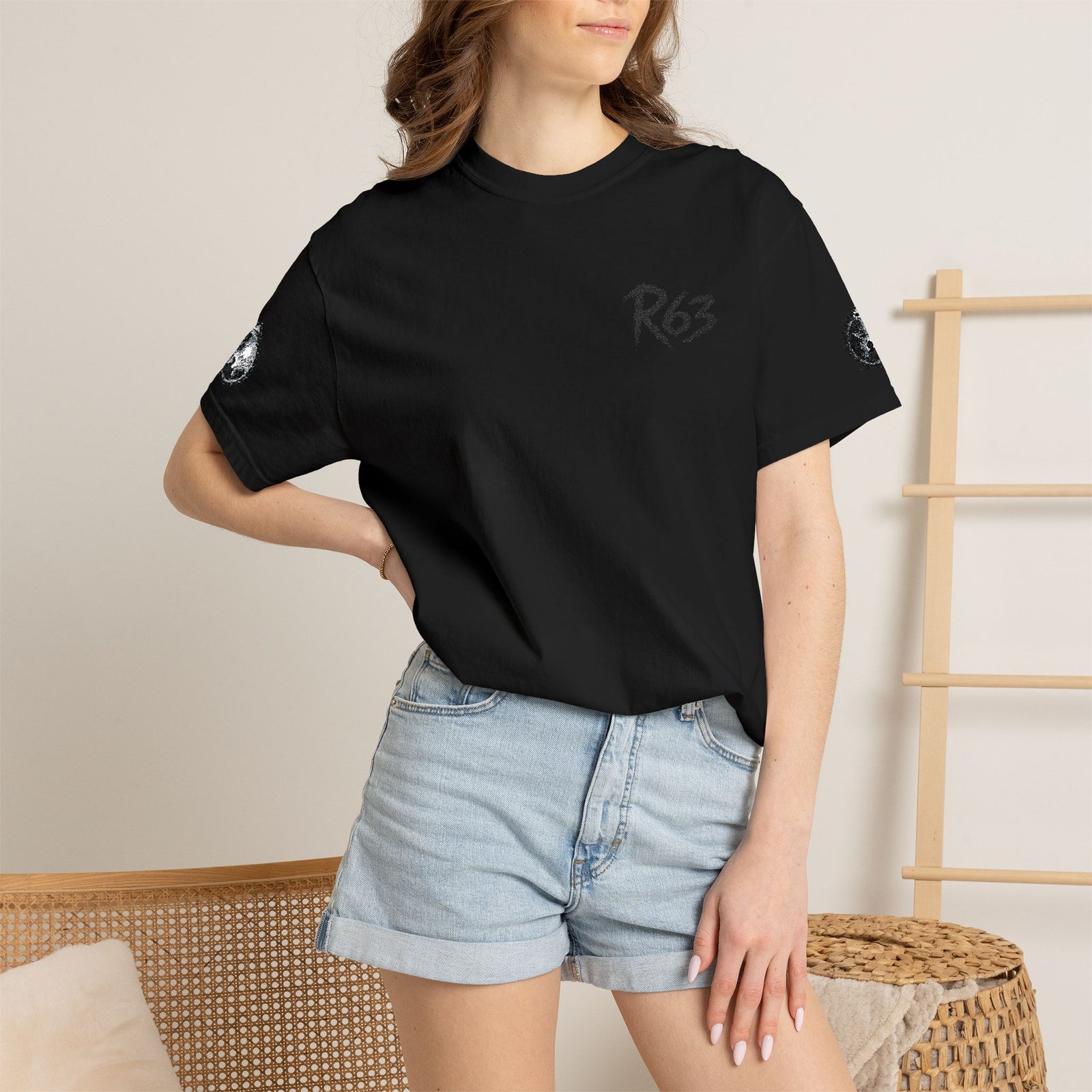 R63 Minimal Logo T-Shirt — Streetwear Graphic Tee with Sleeve Emblem
