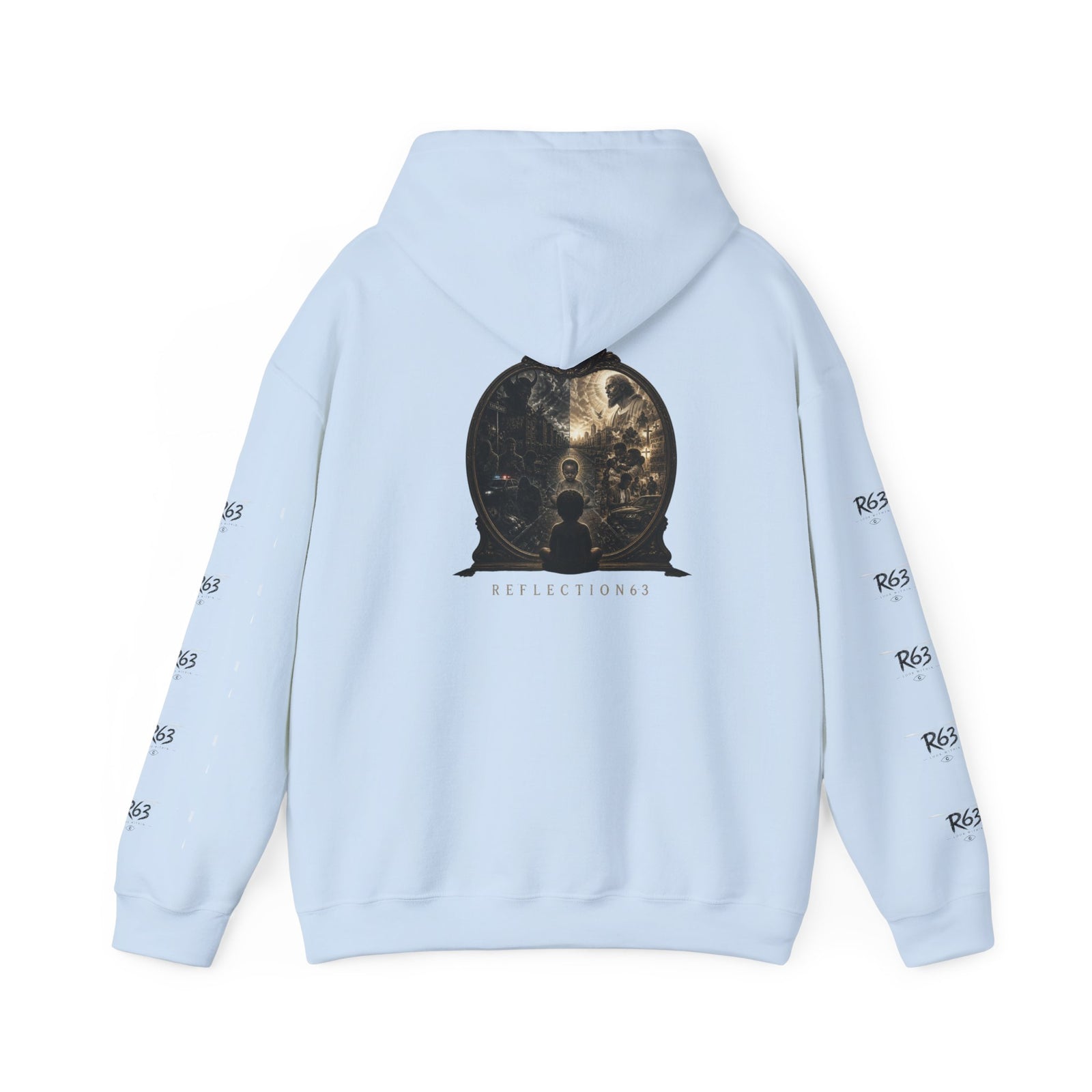 R63 Graphic Hoodie — Reflective Souls Back Print, Sleeve Logo Streetwear