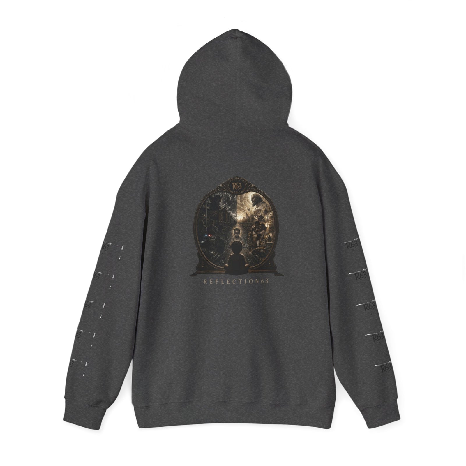 R63 Graphic Hoodie — Reflective Souls Back Print, Sleeve Logo Streetwear