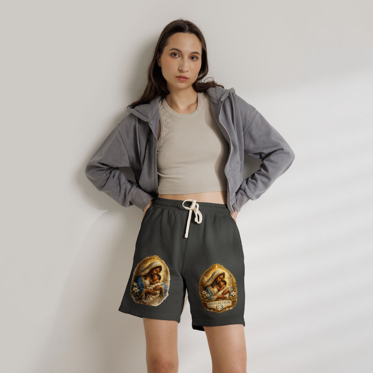 Religious Nativity Sweat Shorts — “Reflection” Holy Family Graphic Fleece Shorts