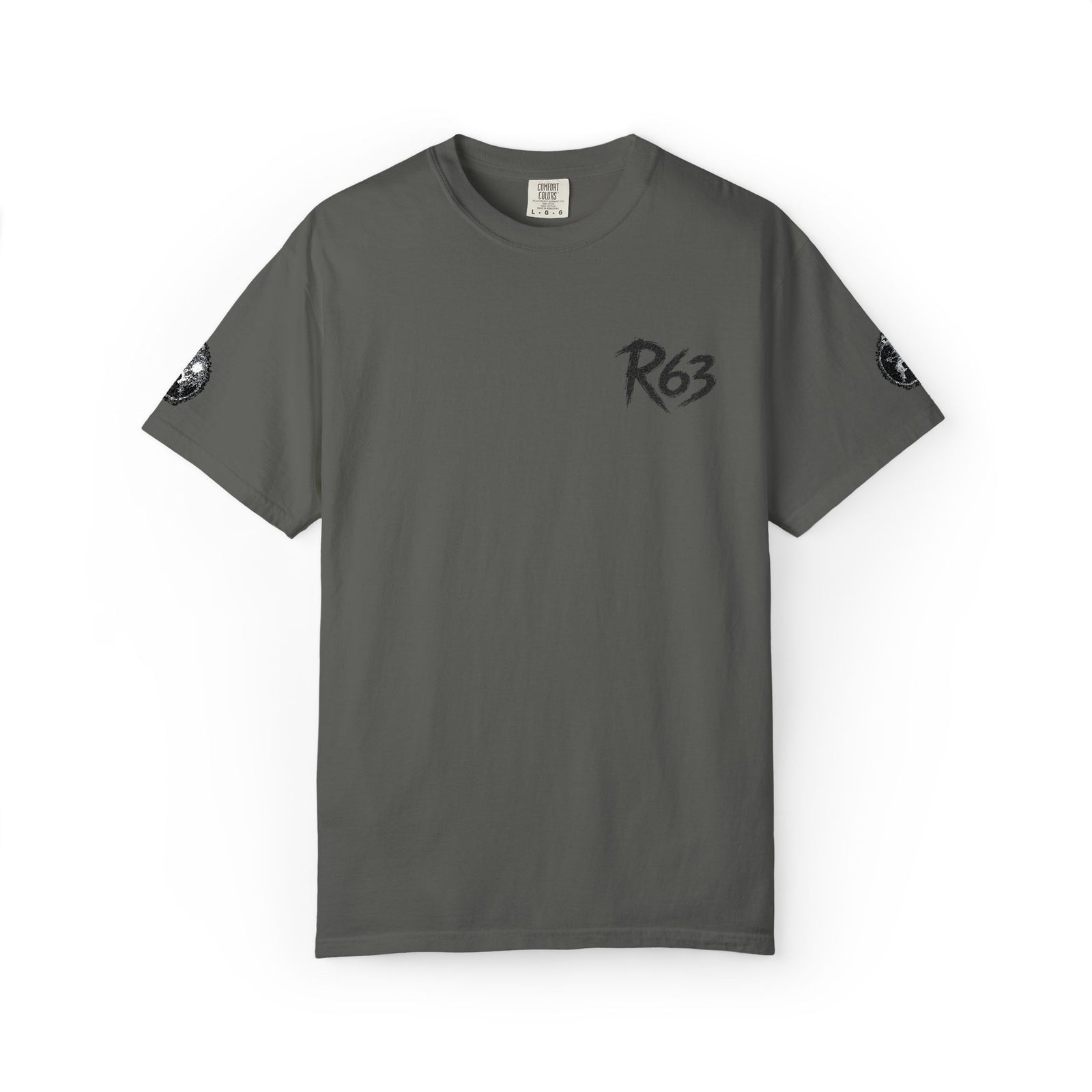 R63 Minimal Logo T-Shirt — Streetwear Graphic Tee with Sleeve Emblem