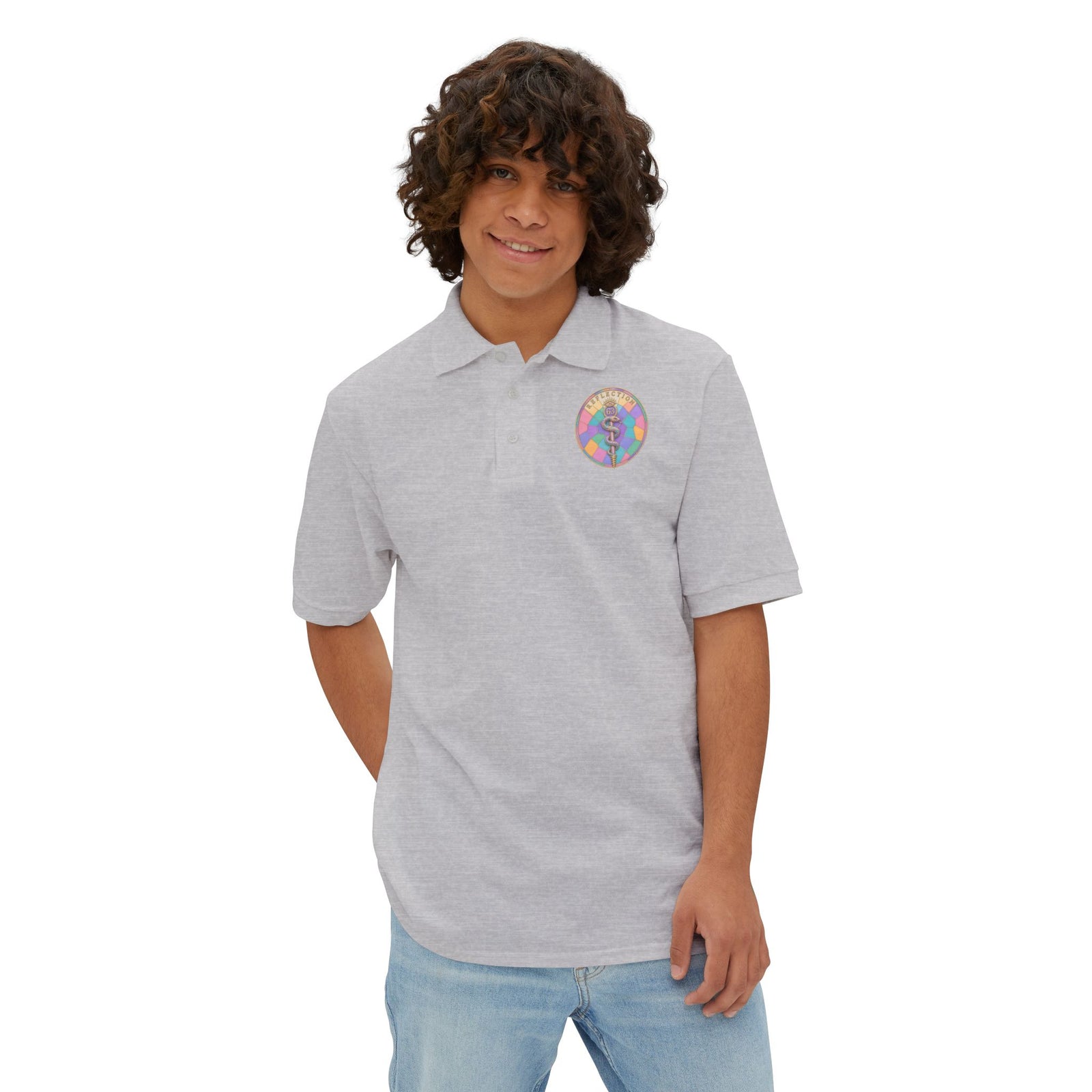 Men's Polo — Retro Sacred Mother & Child Emblem