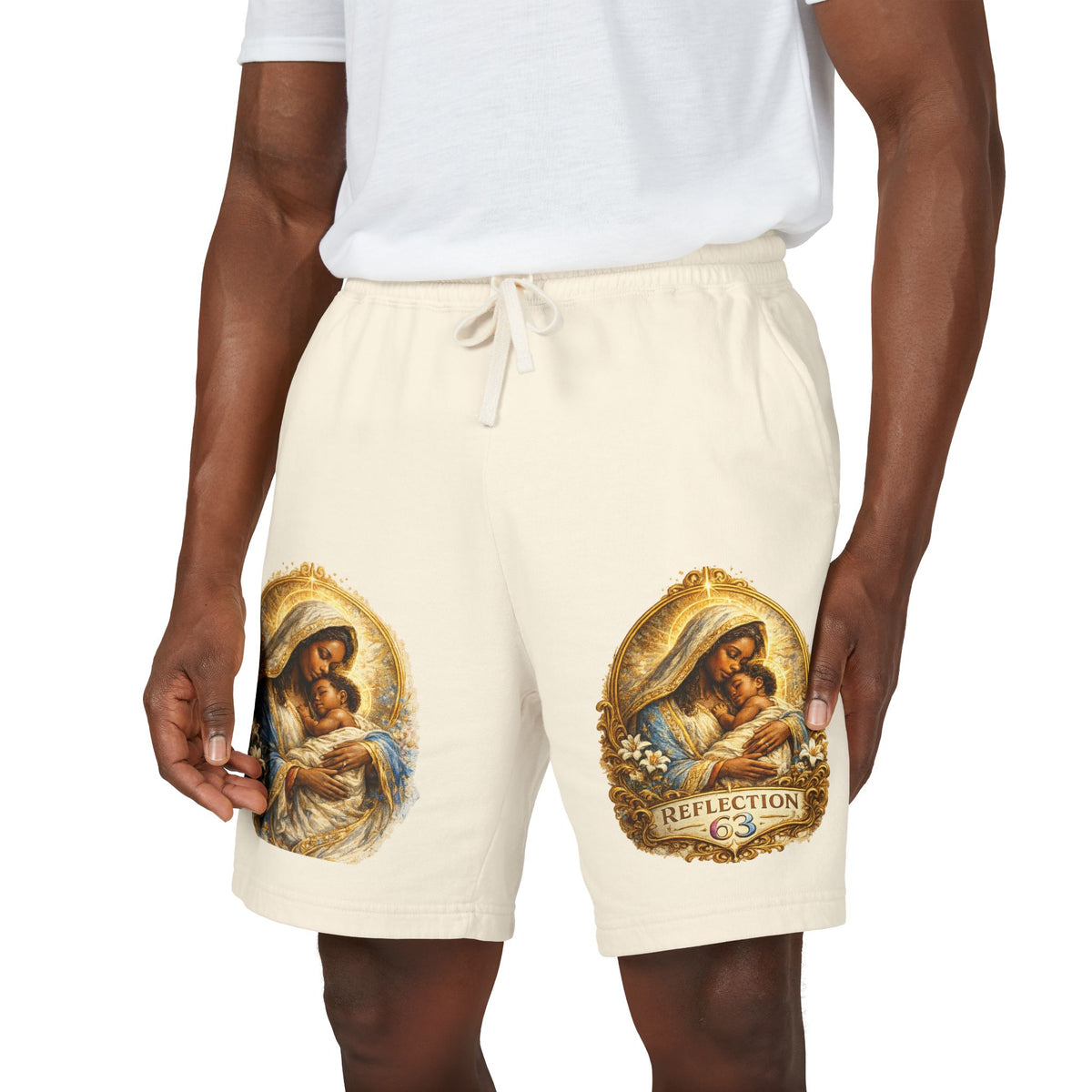 Religious Nativity Sweat Shorts — “Reflection” Holy Family Graphic Fleece Shorts