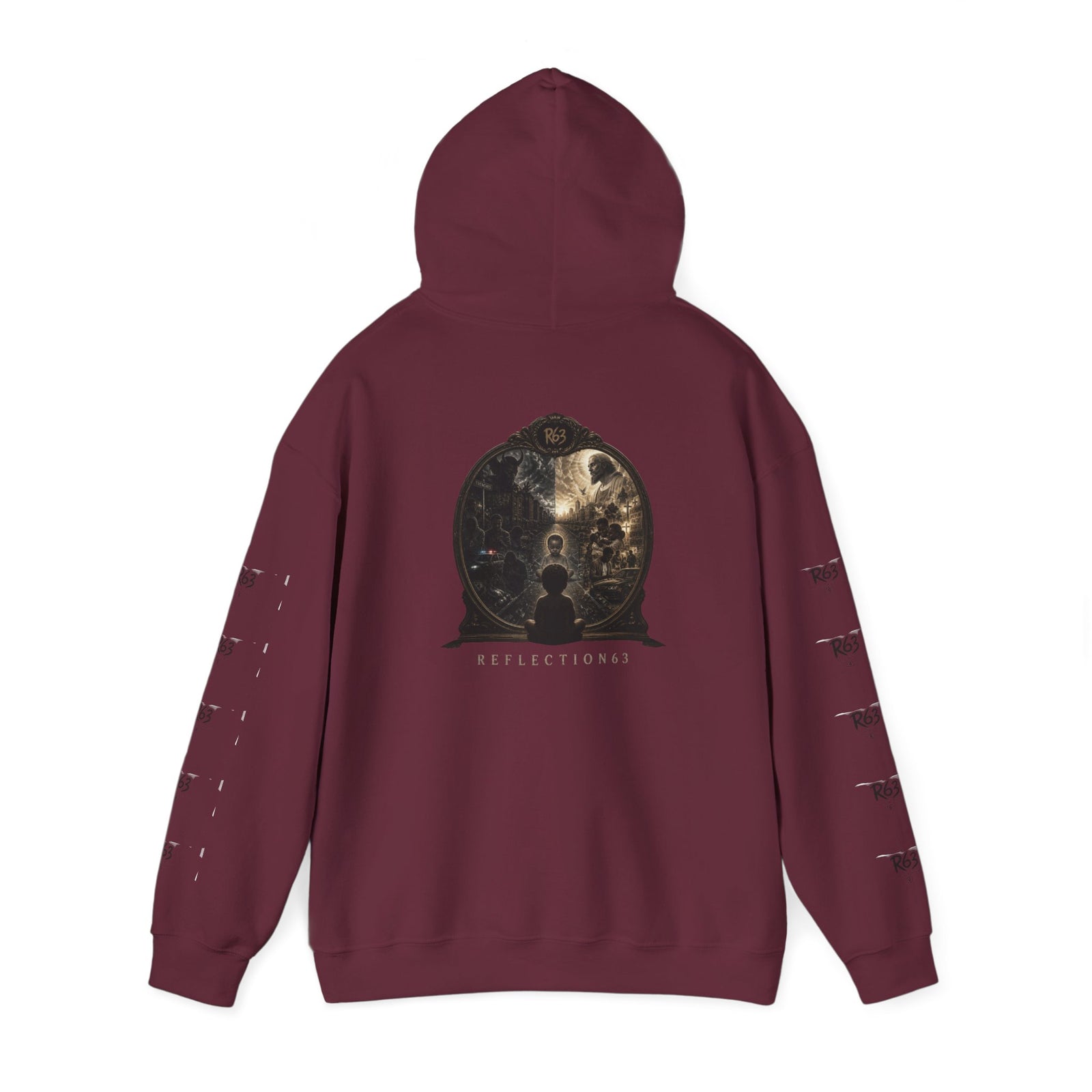 R63 Graphic Hoodie — Reflective Souls Back Print, Sleeve Logo Streetwear