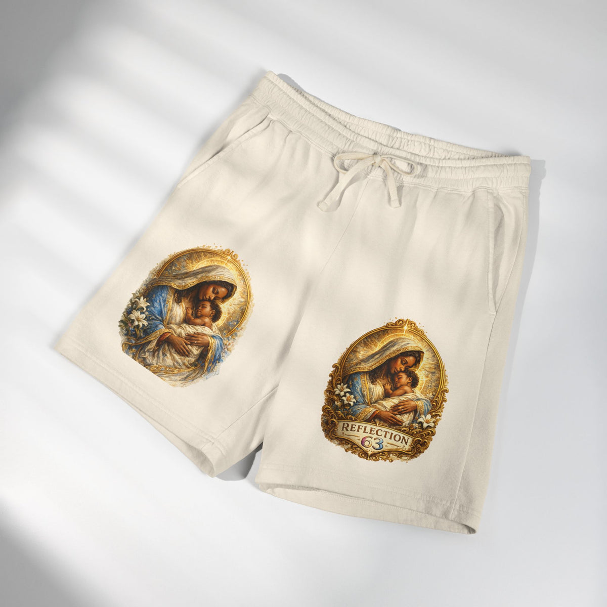 Religious Nativity Sweat Shorts — “Reflection” Holy Family Graphic Fleece Shorts