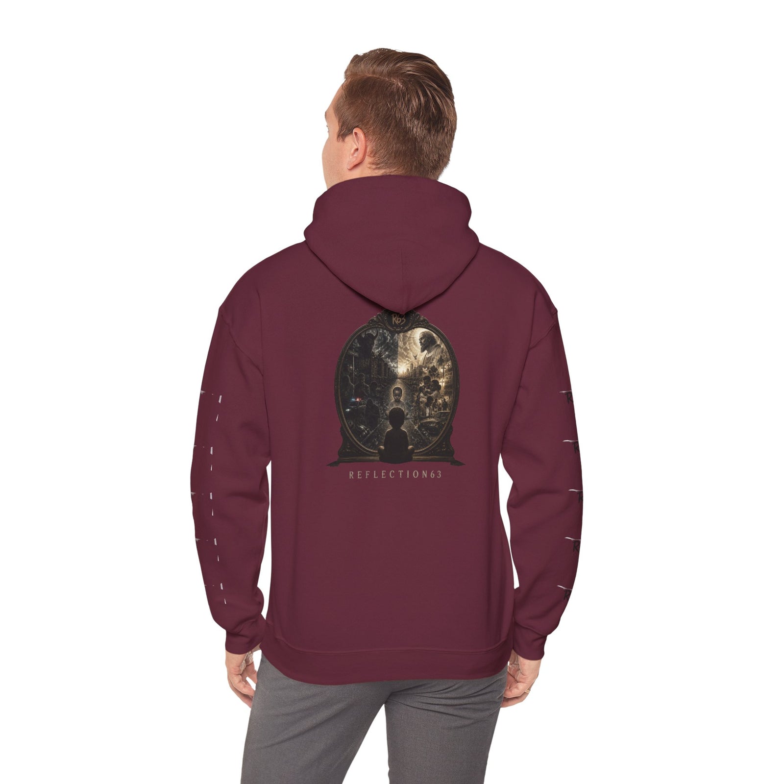 R63 Graphic Hoodie — Reflective Souls Back Print, Sleeve Logo Streetwear