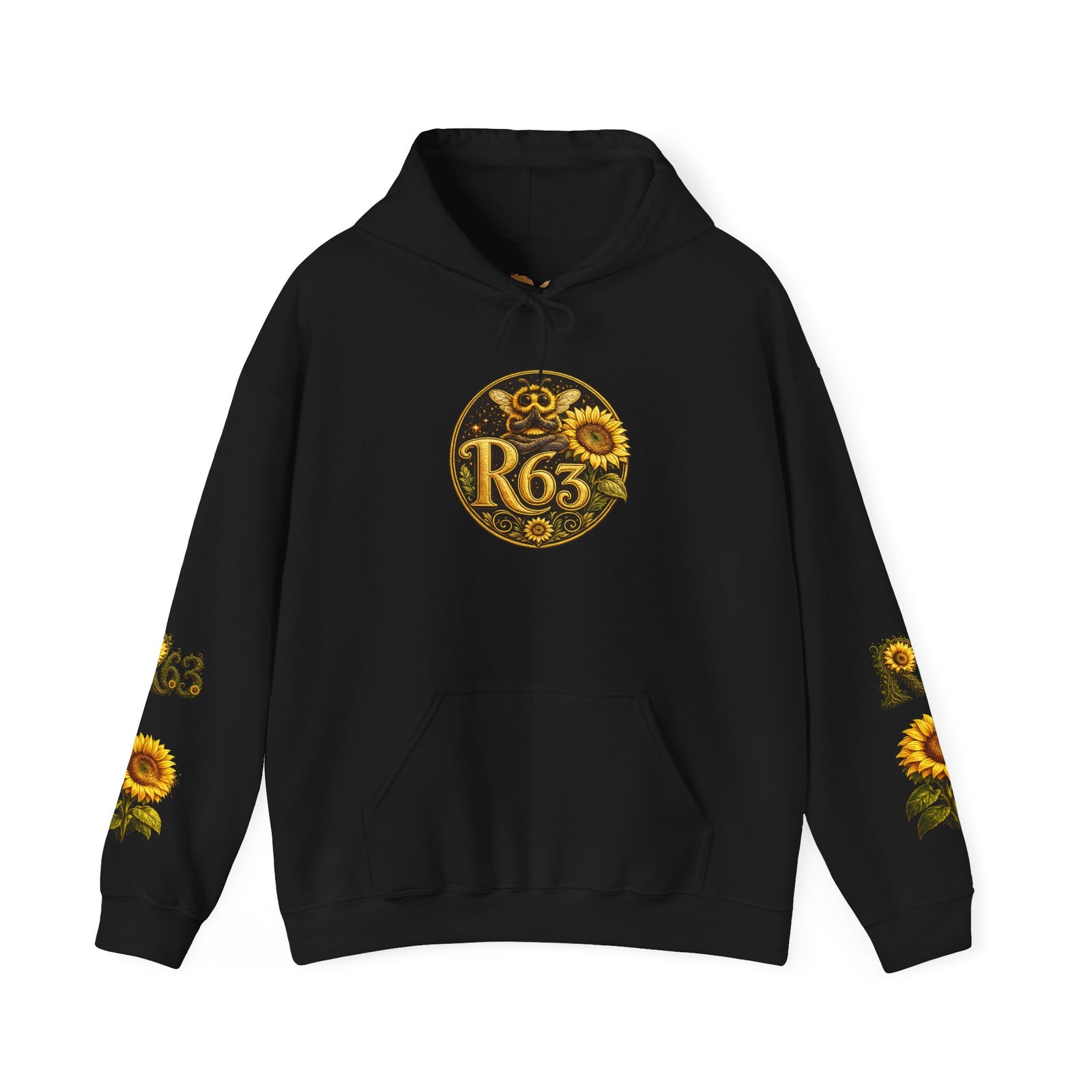 Sunflower Bee Hoodie — R63 Logo Graphic Hooded Sweatshirt