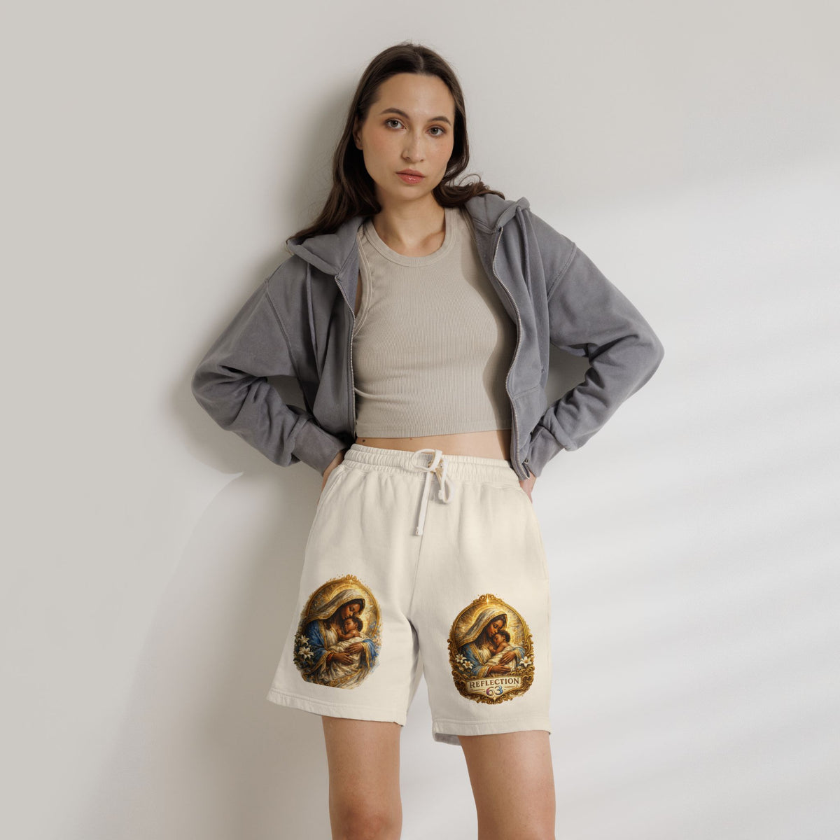 Religious Nativity Sweat Shorts — “Reflection” Holy Family Graphic Fleece Shorts