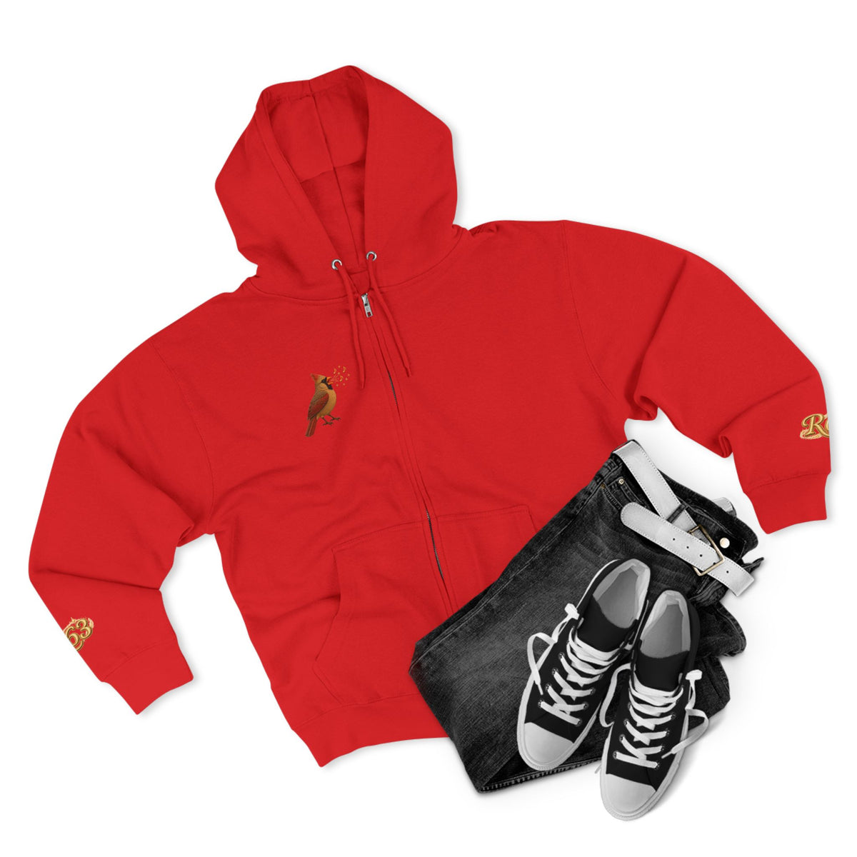 Cardinal Bird Zip Hoodie — Vintage Red Cardinal Graphic Zip-Up