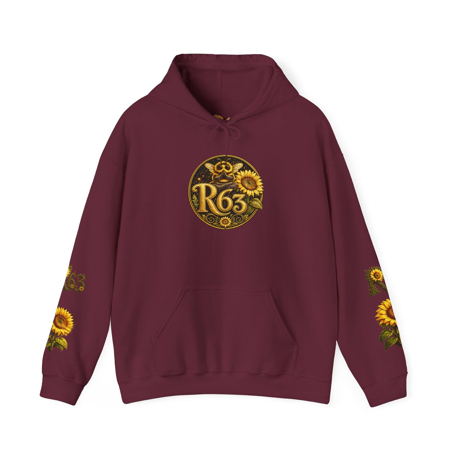 Sunflower Bee Hoodie — R63 Logo Graphic Hooded Sweatshirt