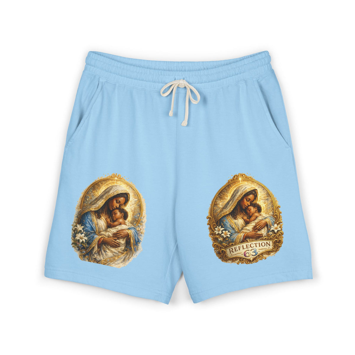 Religious Nativity Sweat Shorts — “Reflection” Holy Family Graphic Fleece Shorts