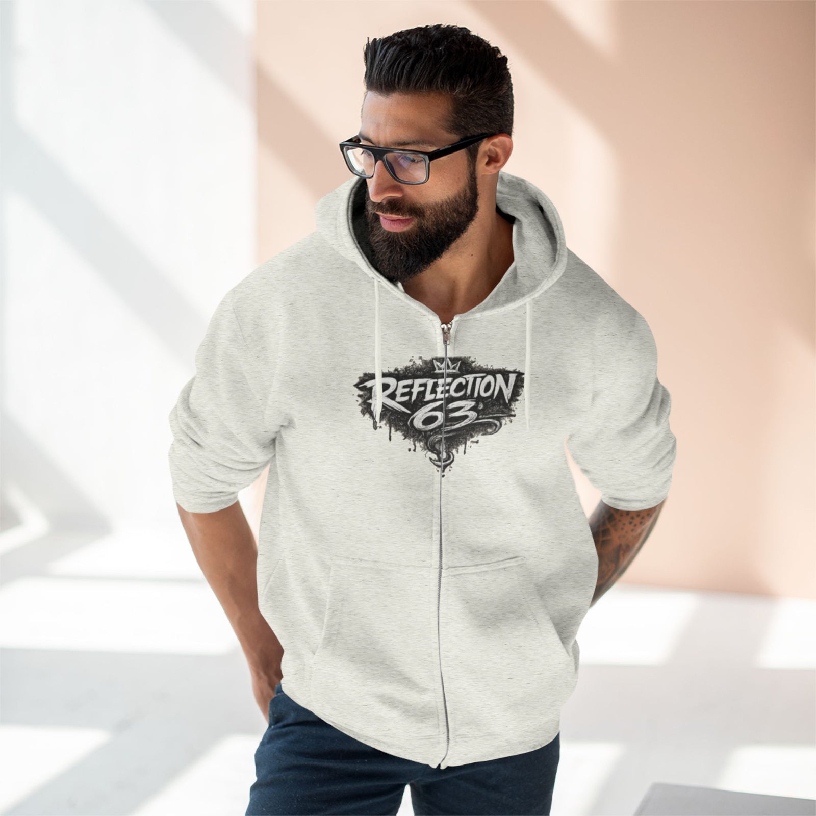 Reflection 63 Zip Hoodie — Vintage Crest Graphic Zip-Up Hoodie