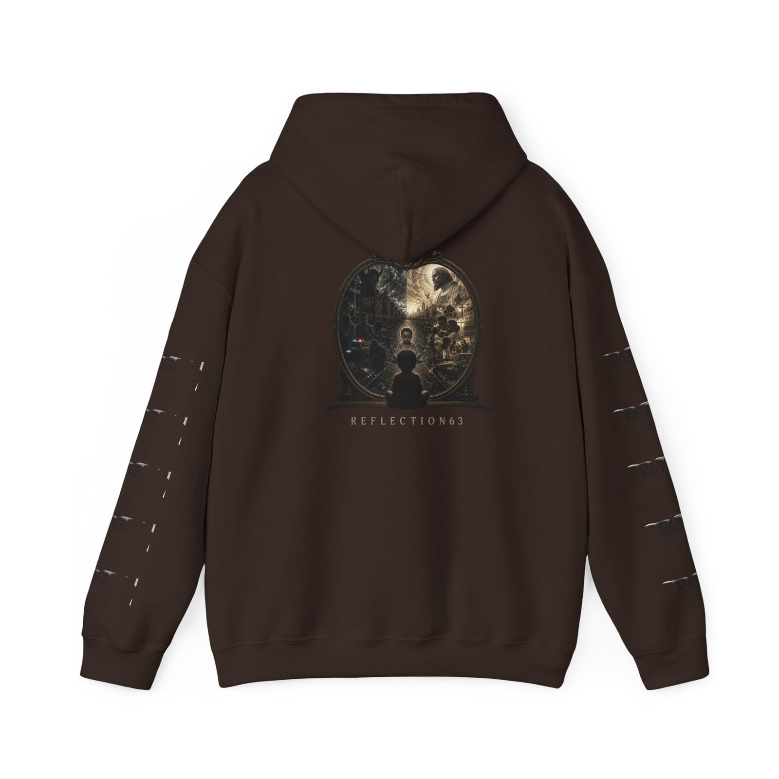R63 Graphic Hoodie — Reflective Souls Back Print, Sleeve Logo Streetwear