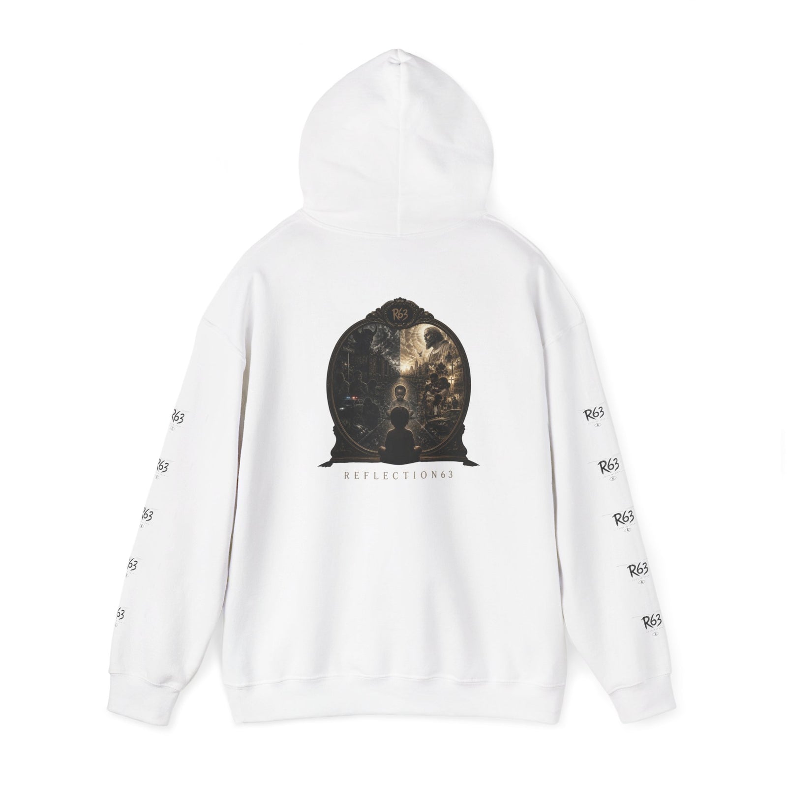 R63 Graphic Hoodie — Reflective Souls Back Print, Sleeve Logo Streetwear