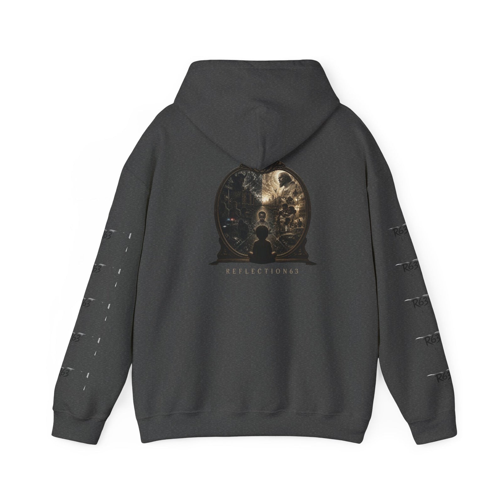 R63 Graphic Hoodie — Reflective Souls Back Print, Sleeve Logo Streetwear