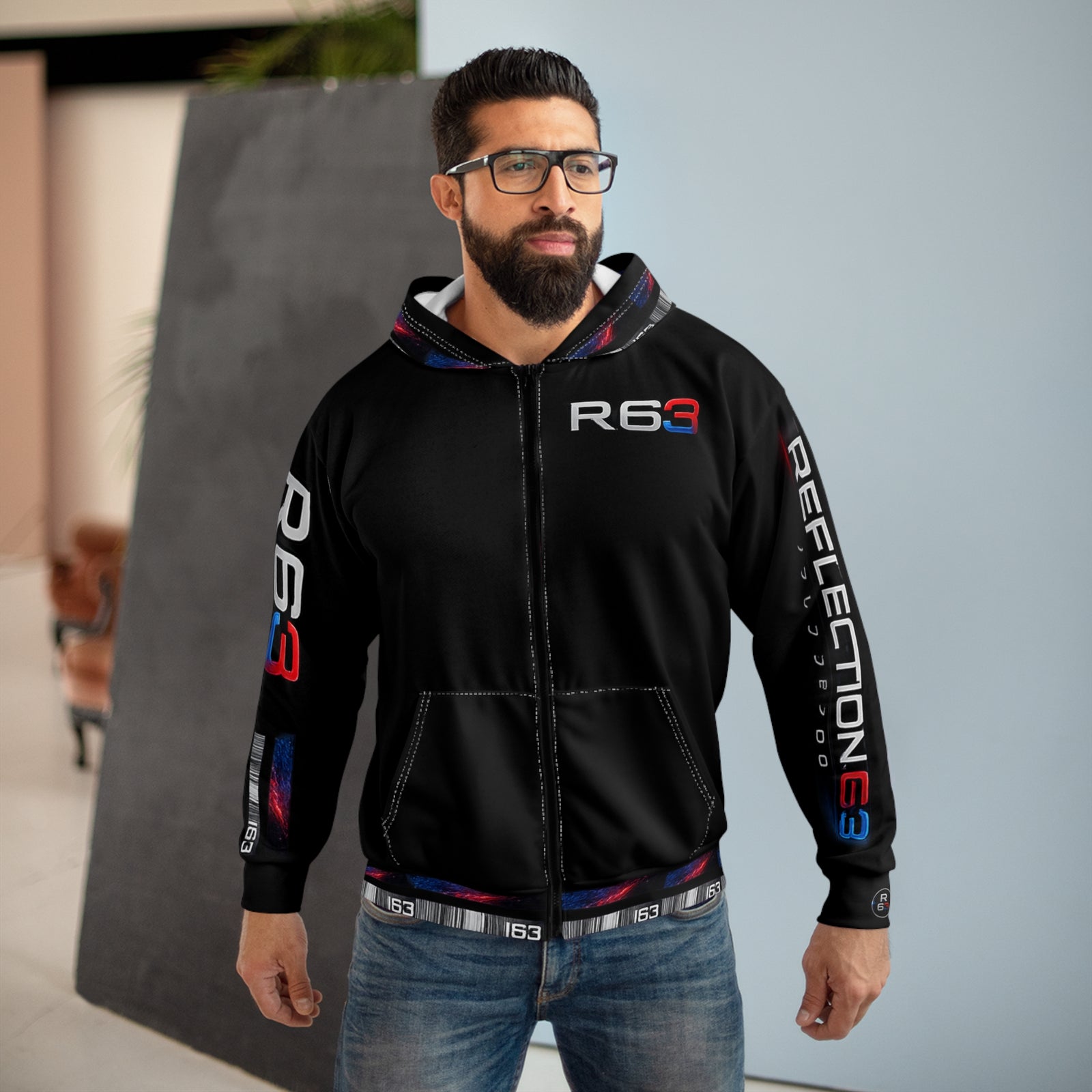 Reflection63 Space Logo Zip Hoodie — Sci‑Fi Graphic Full‑Zip Hoodie