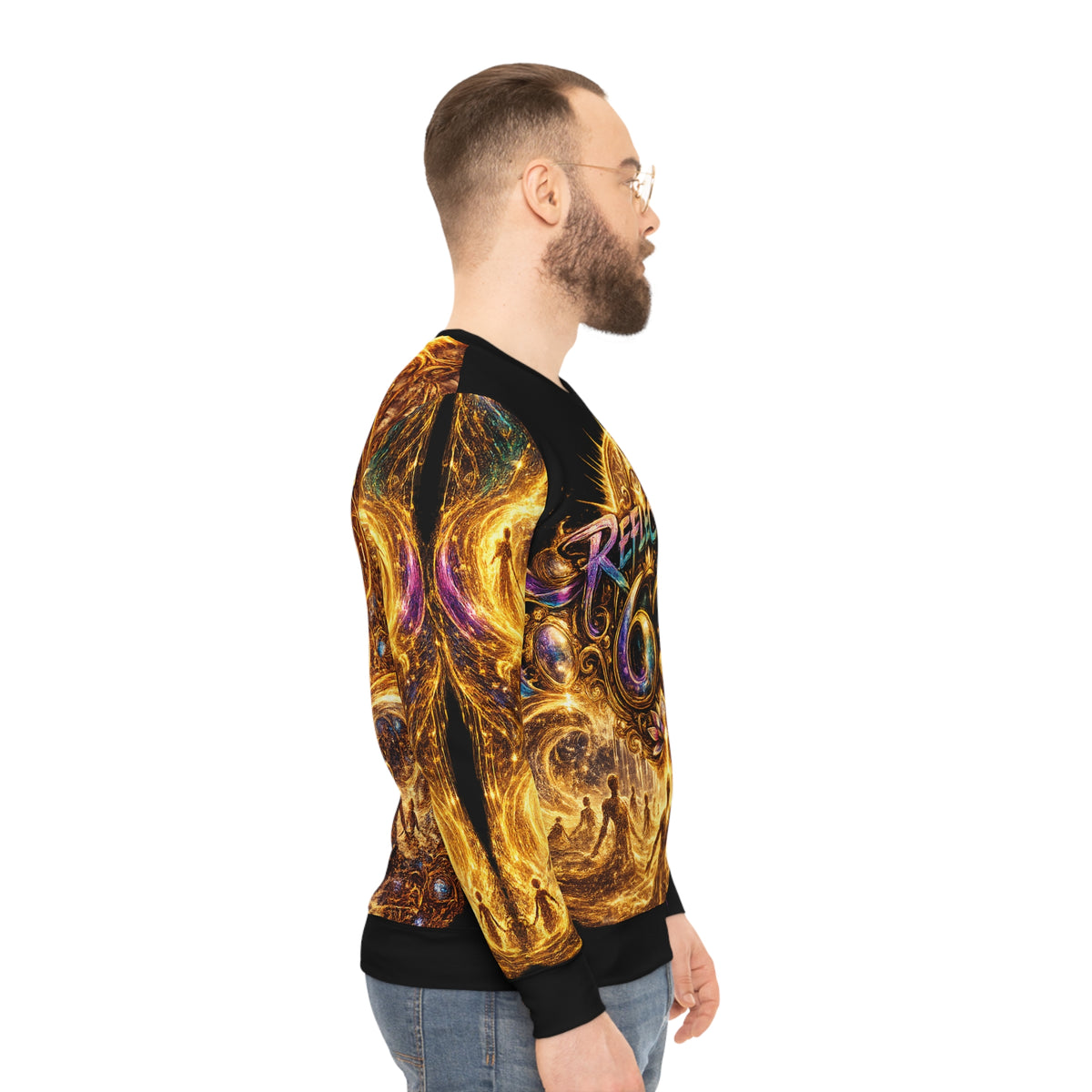 Reflection 63 All-Over Print Sweatshirt — Golden Sacred Geometry & Spiritual Gathering