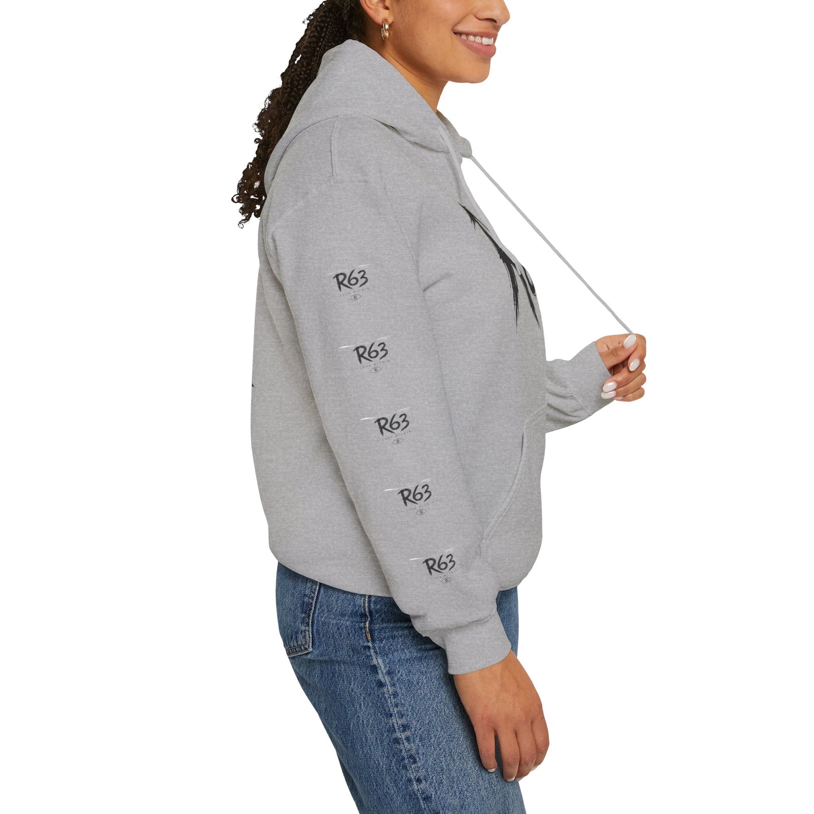 R63 Graphic Hoodie — Reflective Souls Back Print, Sleeve Logo Streetwear