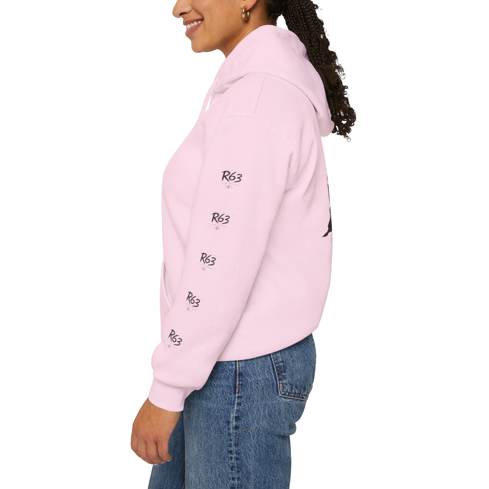 R63 Graphic Hoodie — Reflective Souls Back Print, Sleeve Logo Streetwear