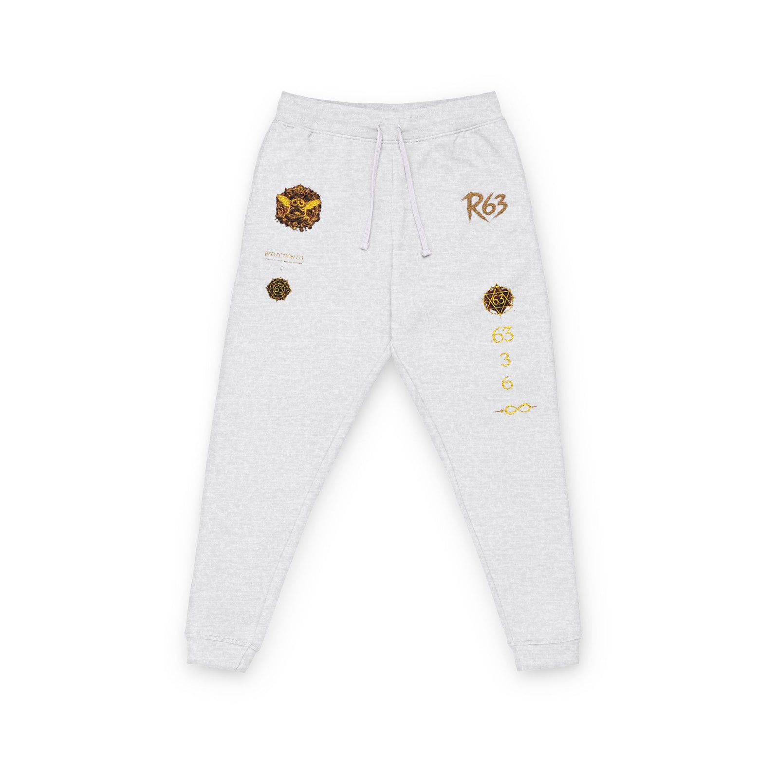 Embroidered Flame Crest Joggers — Gold Graphic Fleece Sweatpants