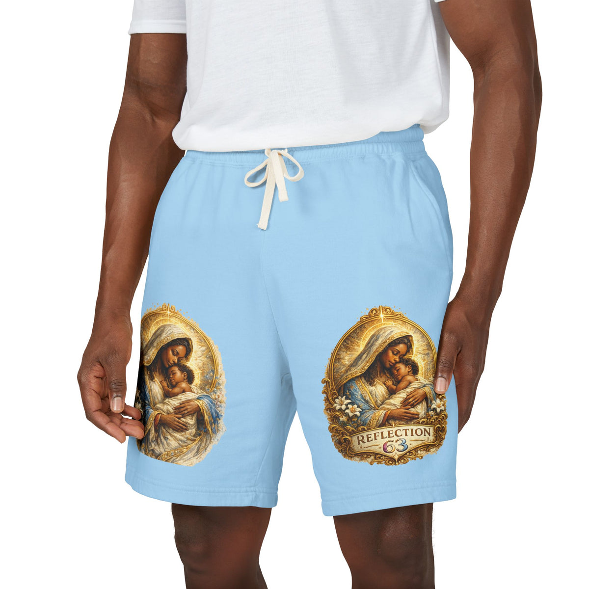 Religious Nativity Sweat Shorts — “Reflection” Holy Family Graphic Fleece Shorts