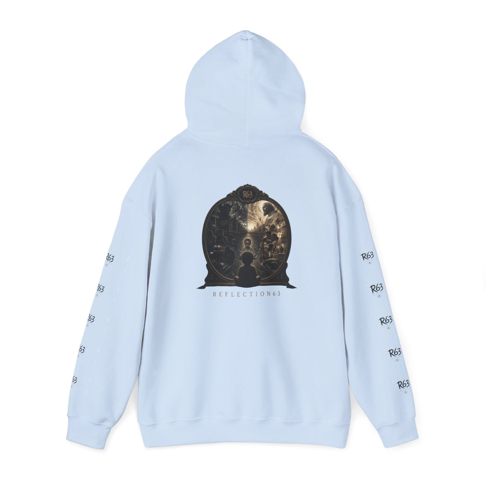 R63 Graphic Hoodie — Reflective Souls Back Print, Sleeve Logo Streetwear