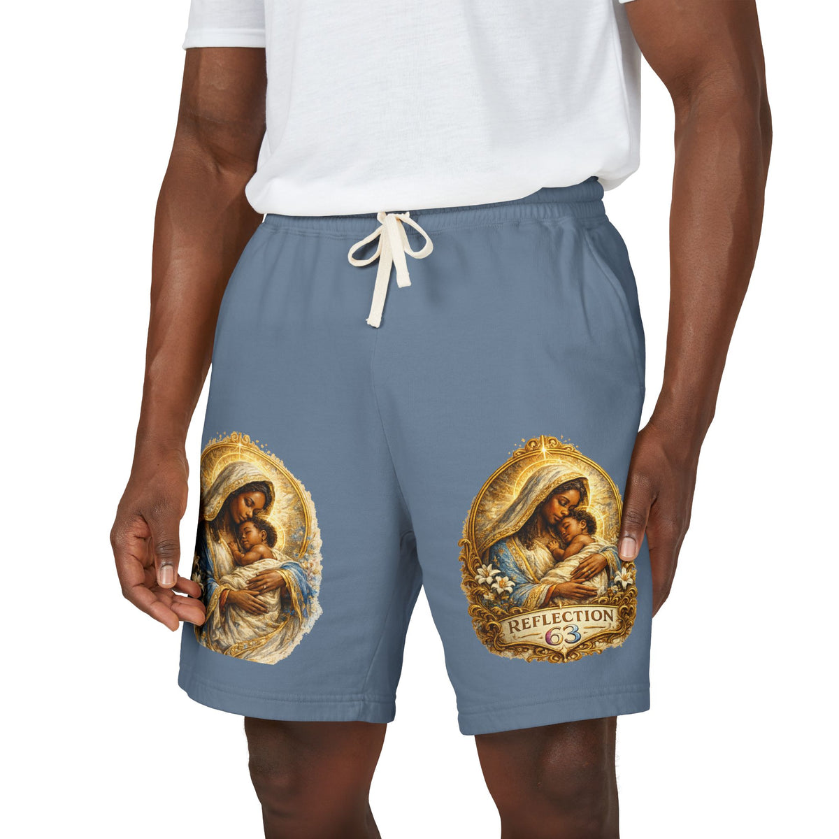 Religious Nativity Sweat Shorts — “Reflection” Holy Family Graphic Fleece Shorts