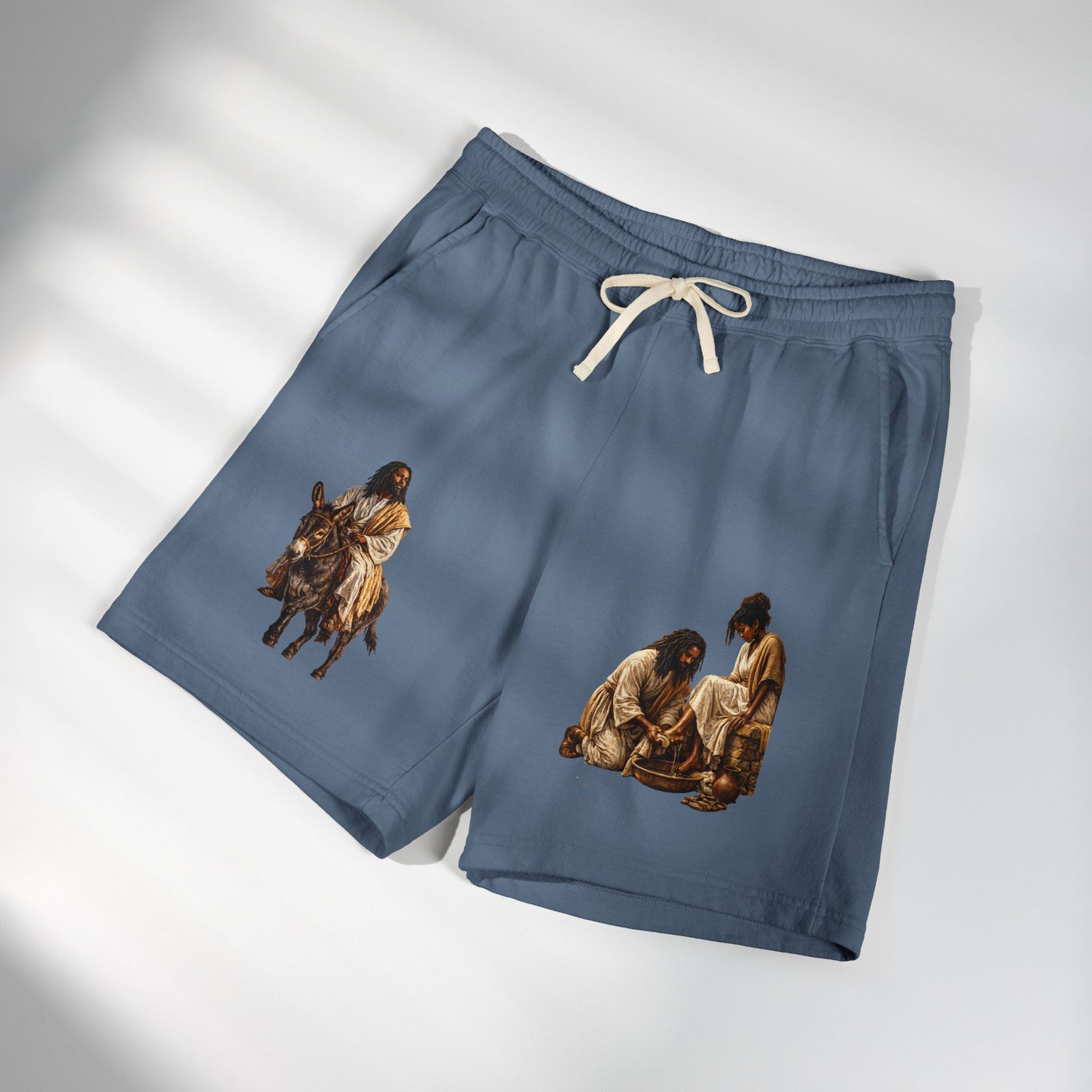 Biblical Nativity Art Sweat Shorts — Jesus on Donkey & Resting Shepherds Fleece Shorts