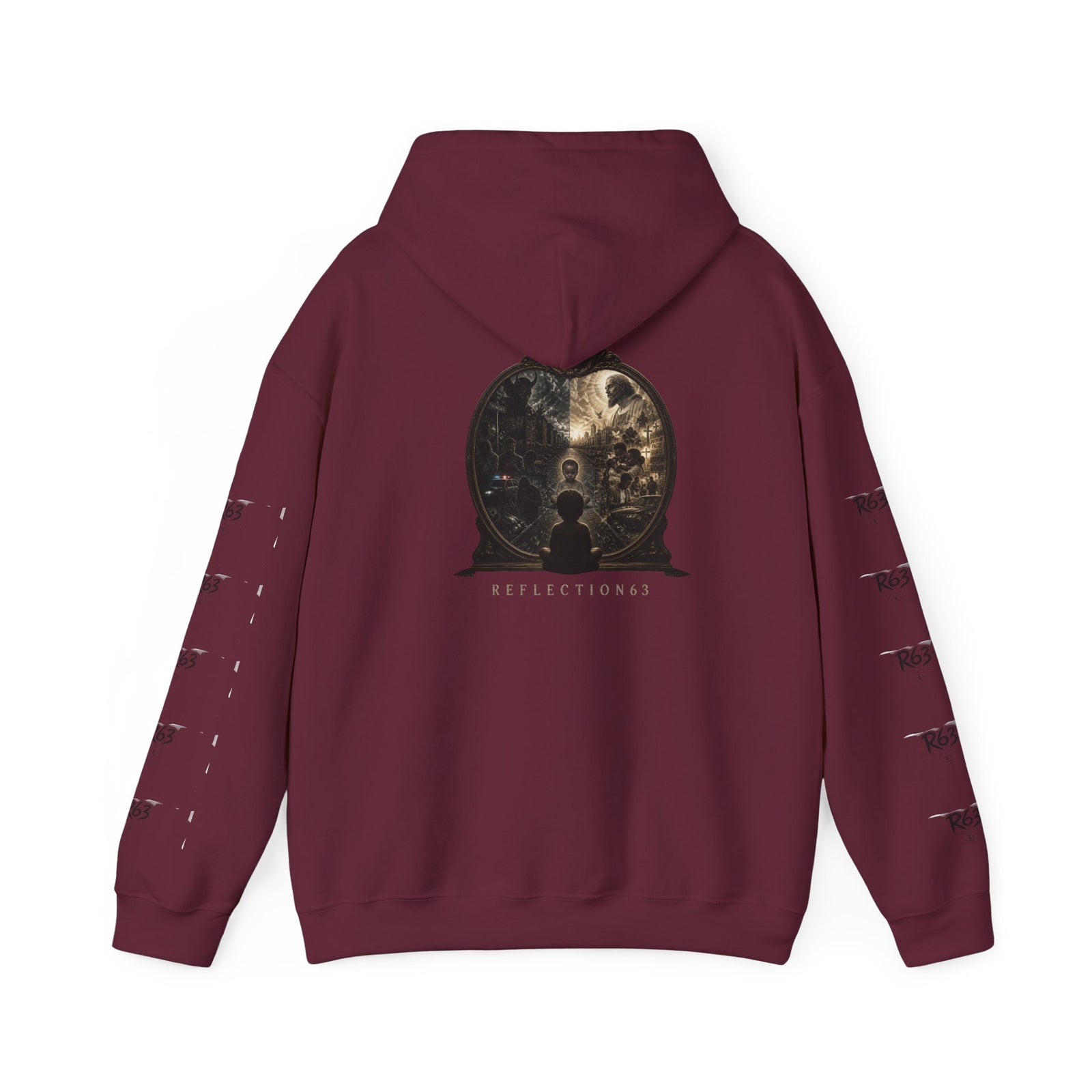 R63 Graphic Hoodie — Reflective Souls Back Print, Sleeve Logo Streetwear