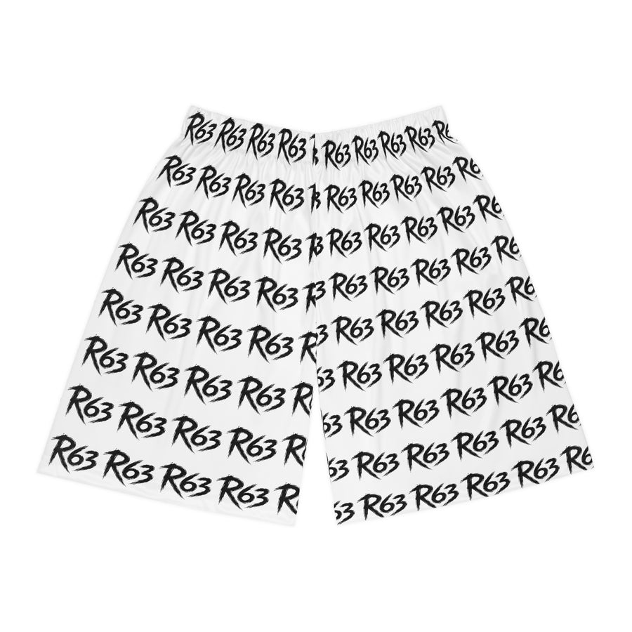 R63 All-Over Print Basketball Shorts — Bold Script Logo Athletic Shorts