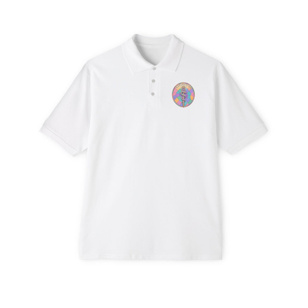 Men's Polo — Retro Sacred Mother & Child Emblem