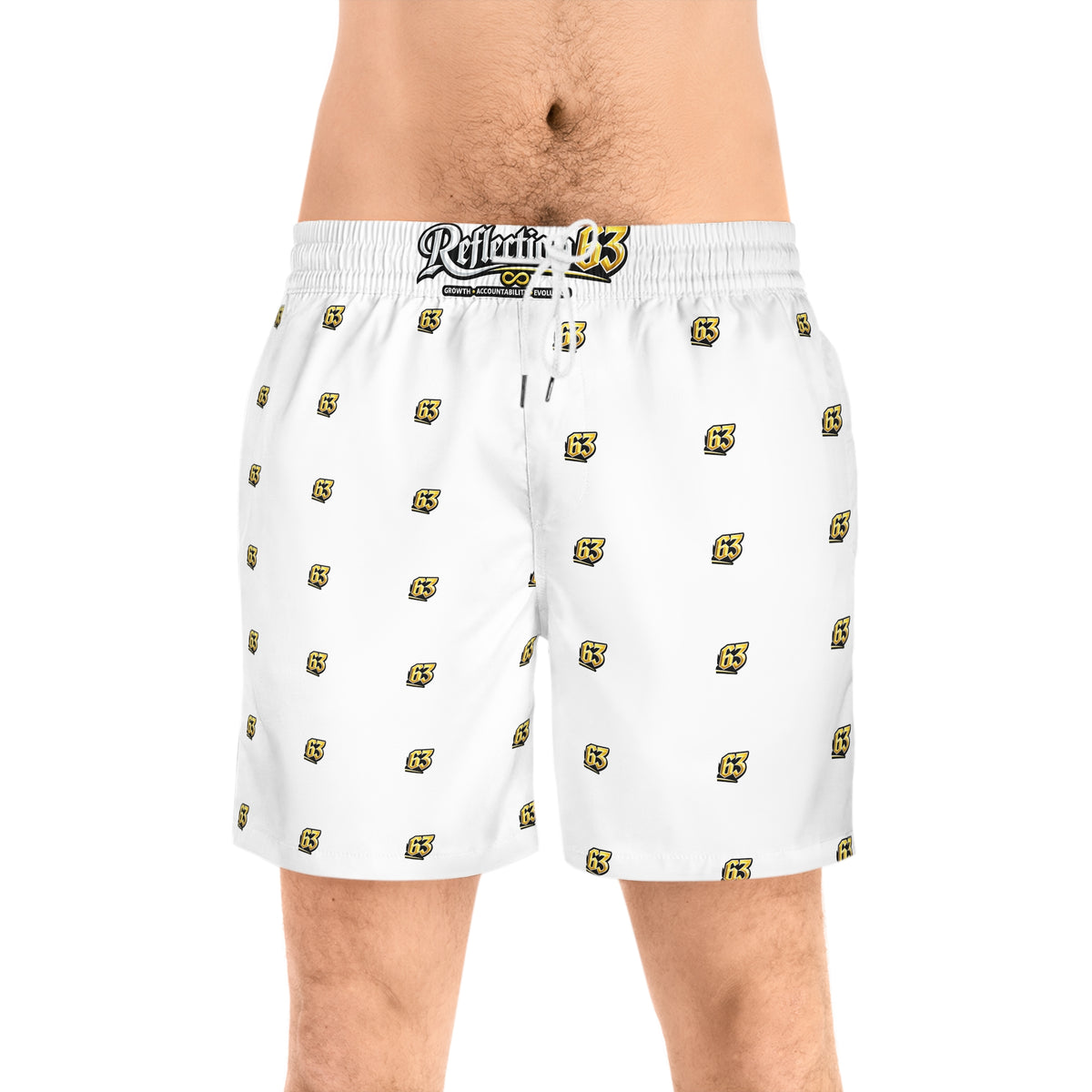 Men's White Swim Shorts with Yellow '63' Logo All-Over Print
