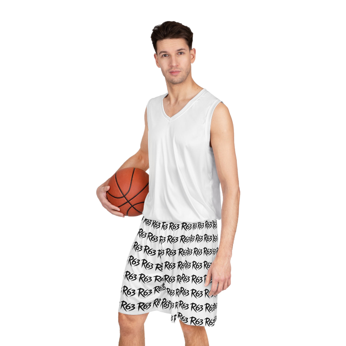R63 All-Over Print Basketball Shorts — Bold Script Logo Athletic Shorts