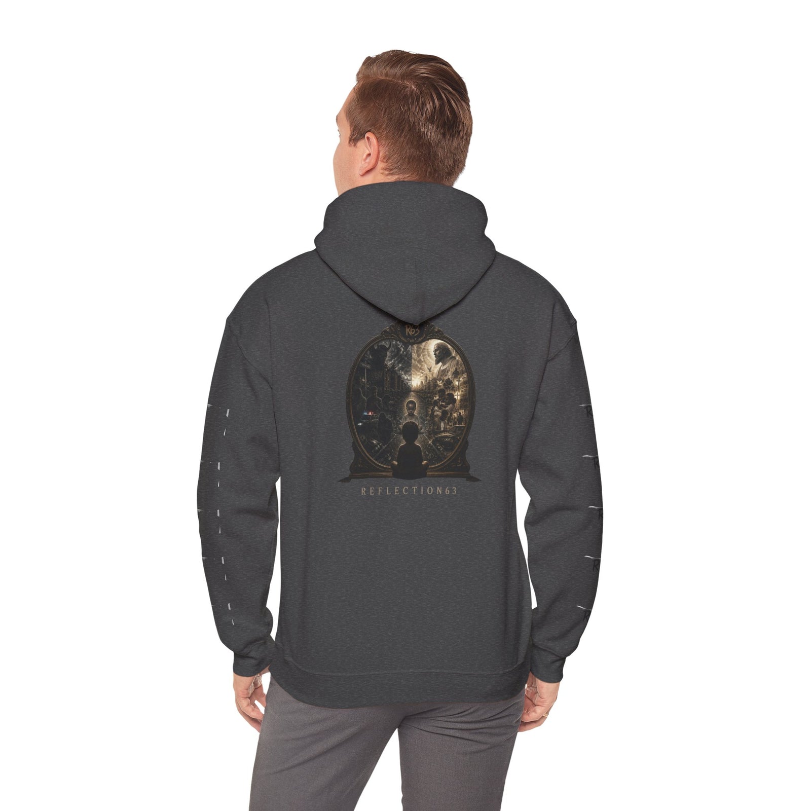 R63 Graphic Hoodie — Reflective Souls Back Print, Sleeve Logo Streetwear