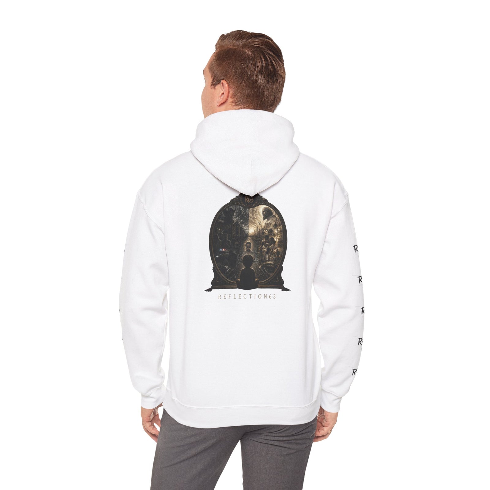 R63 Graphic Hoodie — Reflective Souls Back Print, Sleeve Logo Streetwear