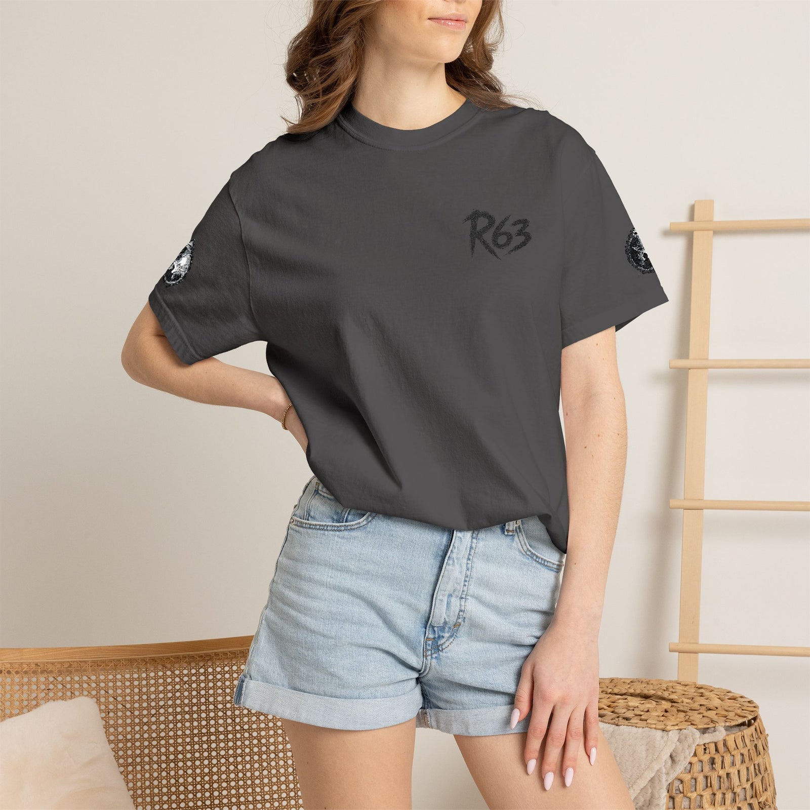 R63 Minimal Logo T-Shirt — Streetwear Graphic Tee with Sleeve Emblem