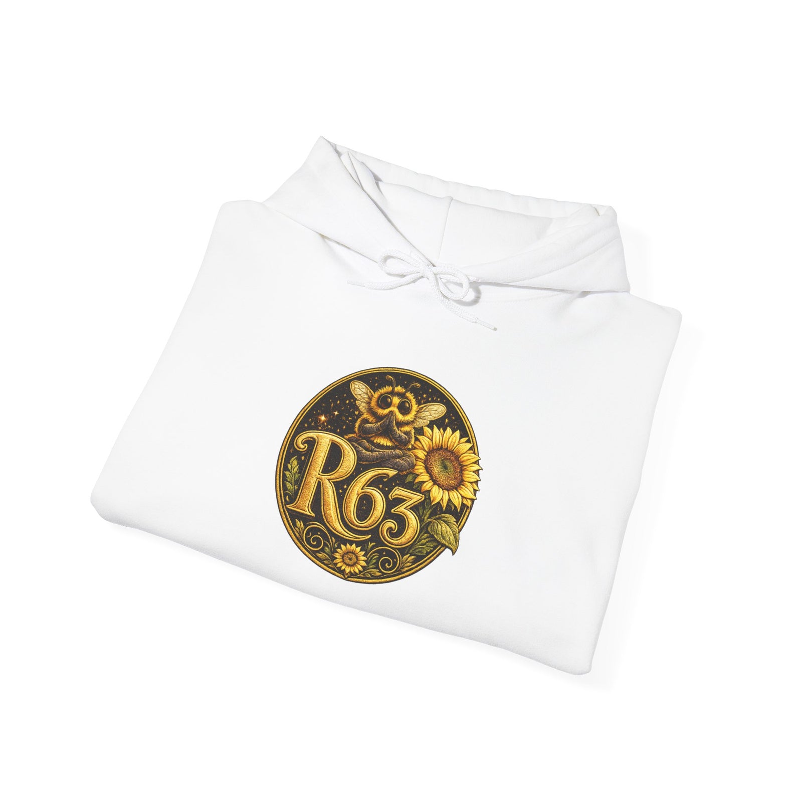 Sunflower Bee Hoodie — R63 Logo Graphic Hooded Sweatshirt