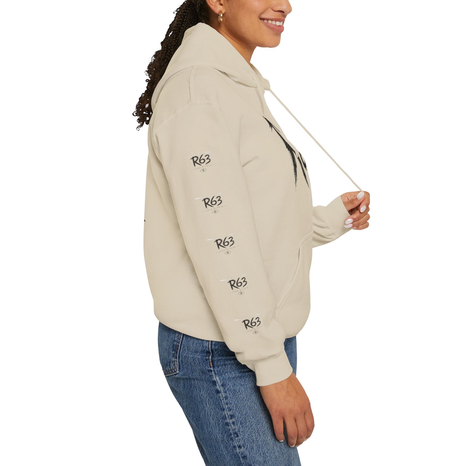R63 Graphic Hoodie — Reflective Souls Back Print, Sleeve Logo Streetwear