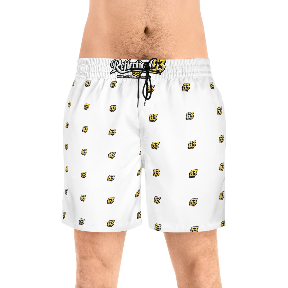 Men's White Swim Shorts with Yellow '63' Logo All-Over Print