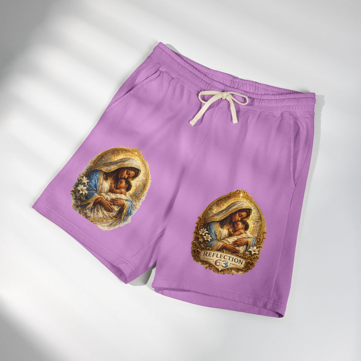 Religious Nativity Sweat Shorts — “Reflection” Holy Family Graphic Fleece Shorts