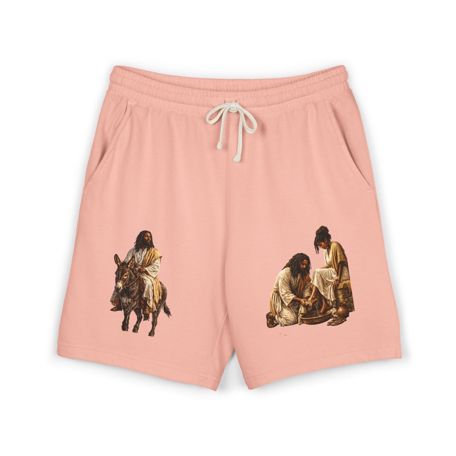 Biblical Nativity Art Sweat Shorts — Jesus on Donkey & Resting Shepherds Fleece Shorts