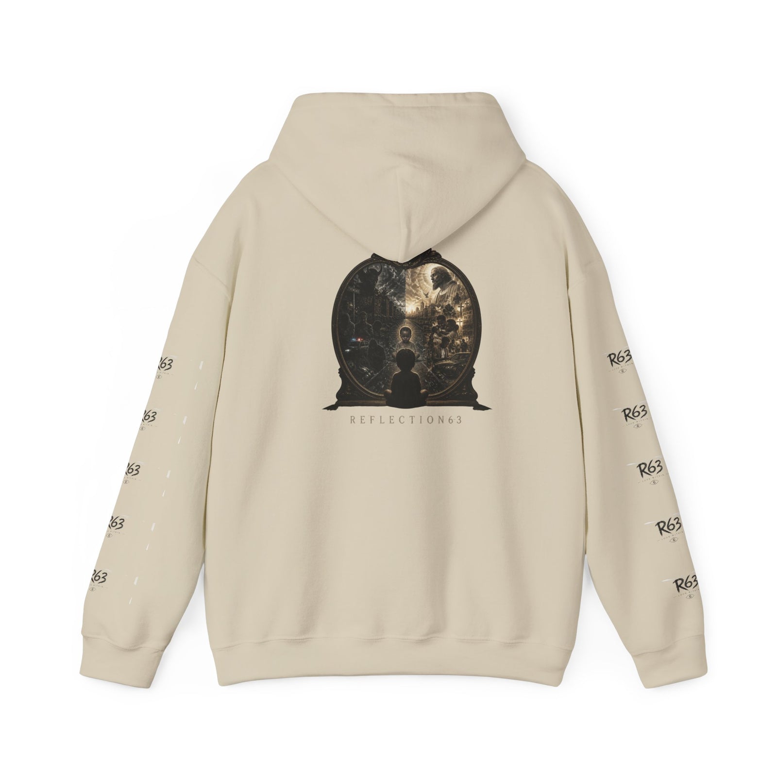 R63 Graphic Hoodie — Reflective Souls Back Print, Sleeve Logo Streetwear